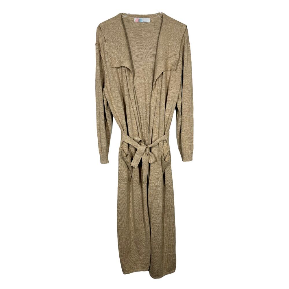 Free People Beach Long Slub Knit Cardigan Sweater Large Tan Boho Casual Belted - Picture 1 of 7